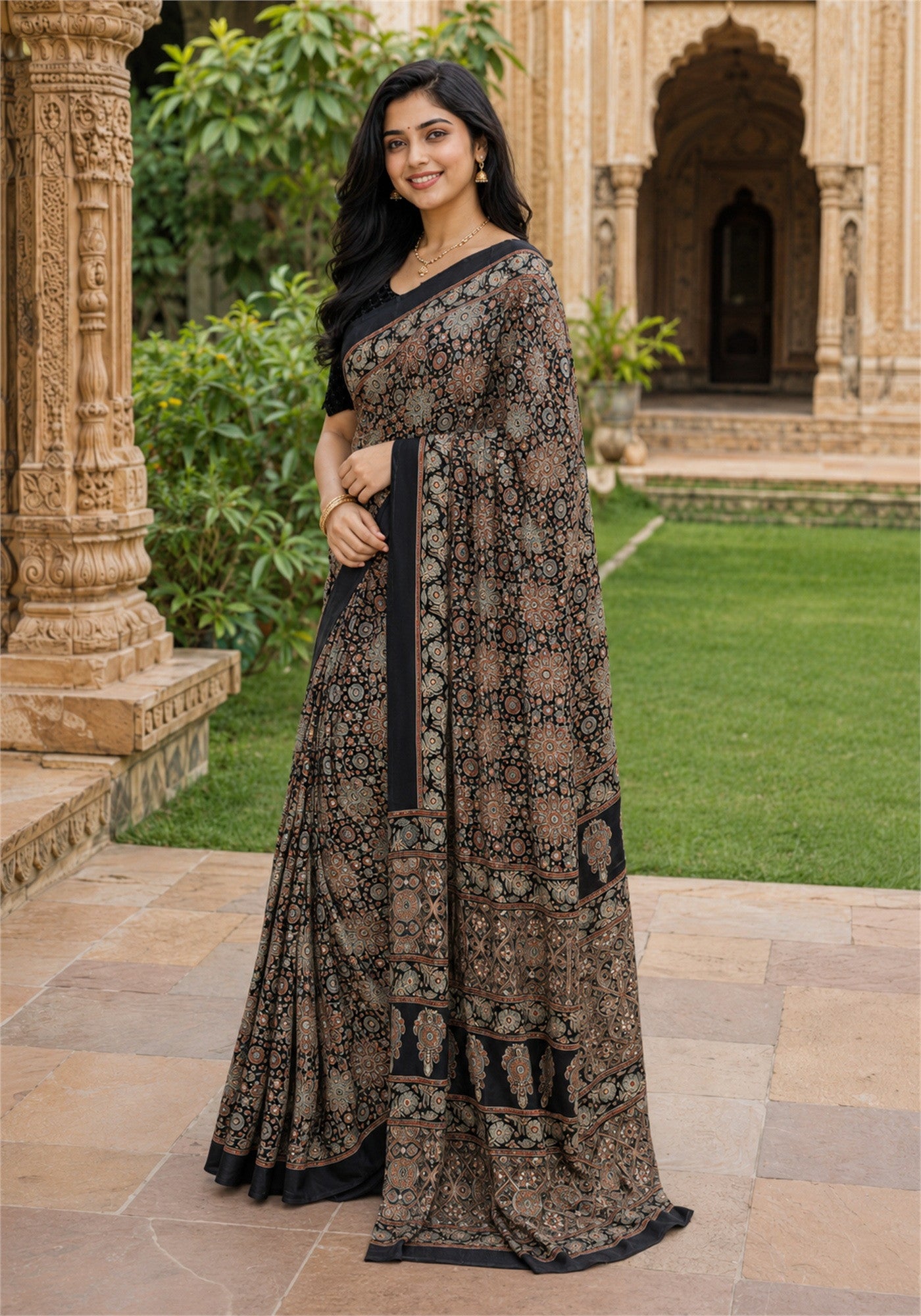 Ajrakh Mirror Work Saree Black Copper Paisley Floral Border - AMS-1-1304 - view 5