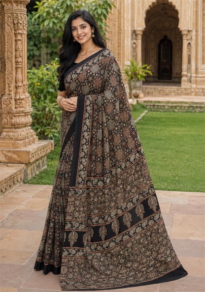 Ajrakh Mirror Work Saree Black Copper Paisley Floral Border - AMS-1-1304 - view 6