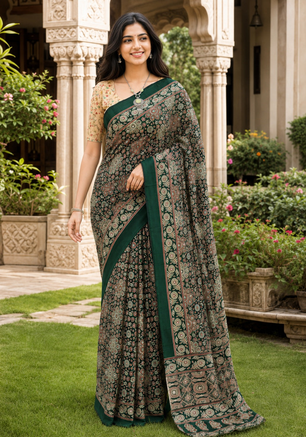 Ajrakh Mirror Work Saree Deep Green Floral Printed Border - AMS-1-1305 - view 2