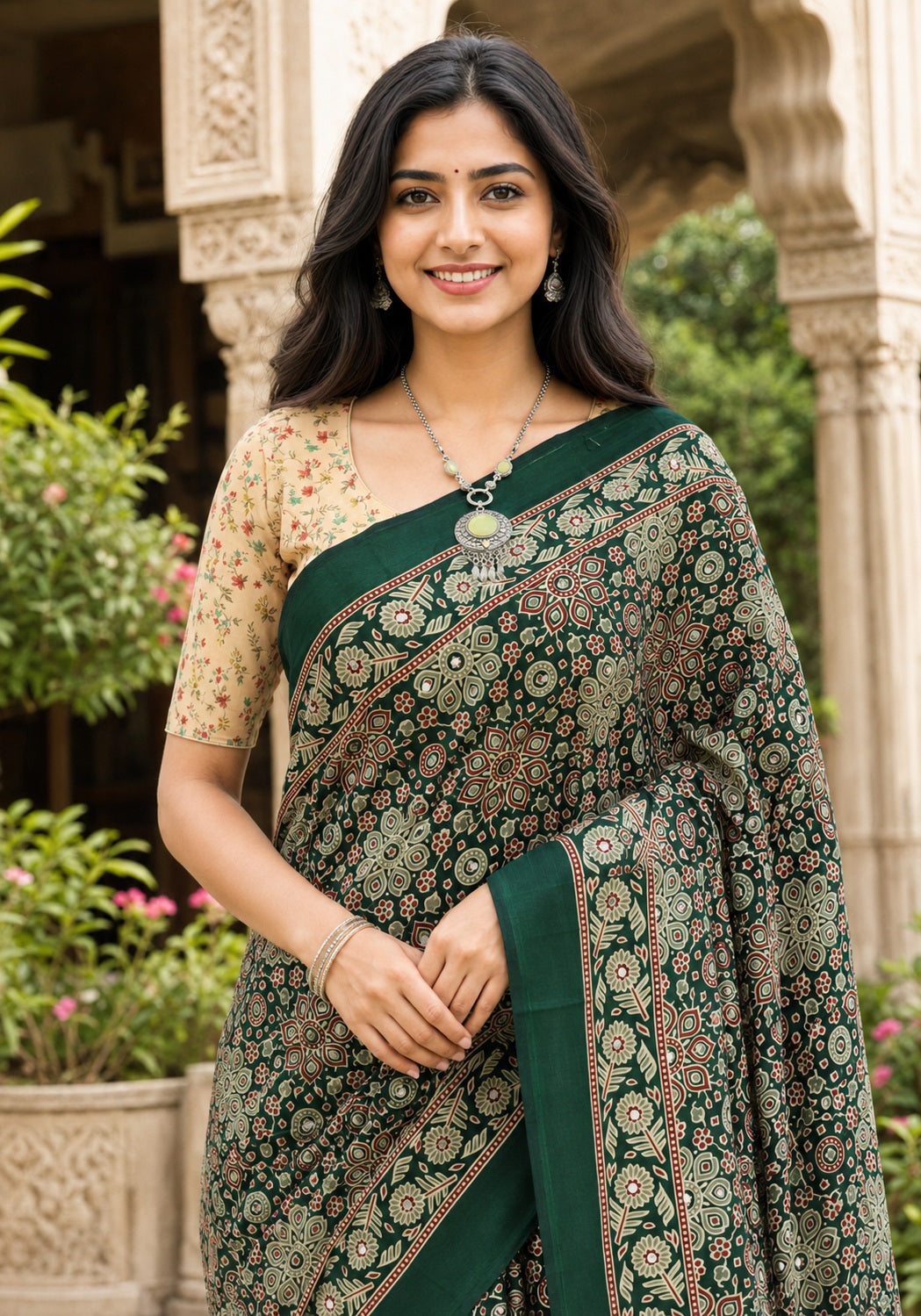 Ajrakh Mirror Work Saree Deep Green Floral Printed Border - AMS-1-1305 - view 3