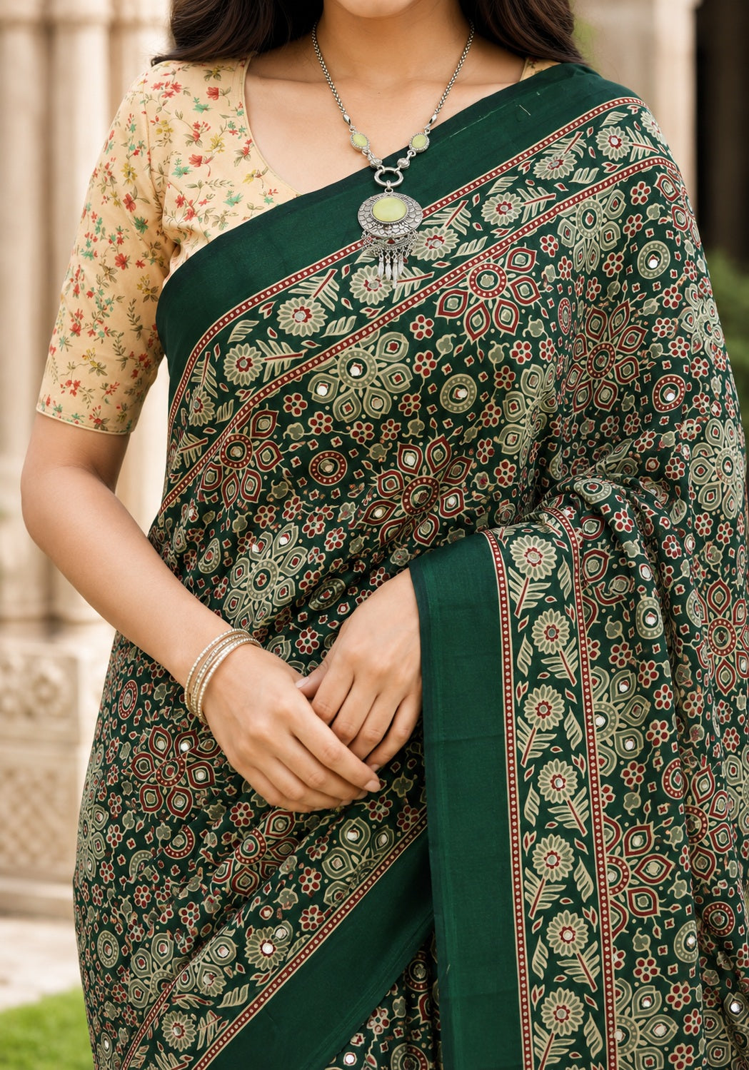 Ajrakh Mirror Work Saree Deep Green Floral Printed Border - AMS-1-1305 - view 4