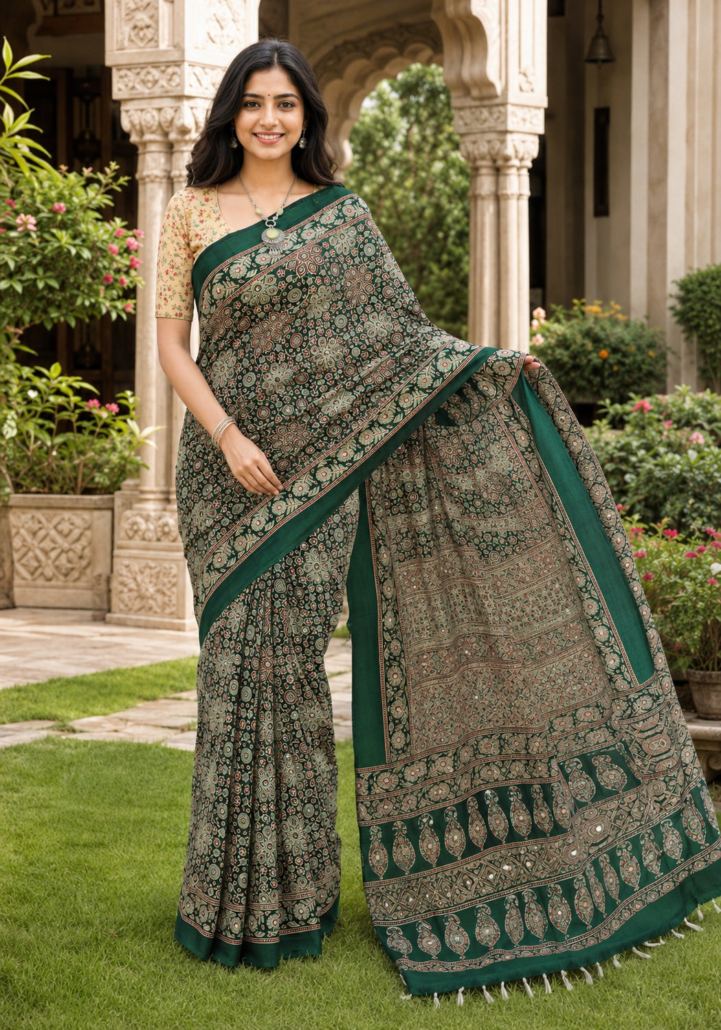 Ajrakh Mirror Work Saree Deep Green Floral Printed Border - AMS-1-1305 - view 5