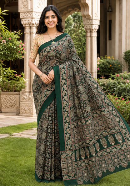 Ajrakh Mirror Work Saree Deep Green Floral Printed Border - AMS-1-1305 - view 6