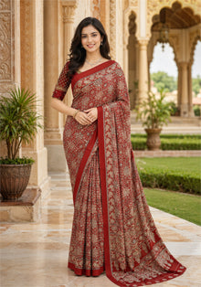 Ajrakh Mirror Work Saree Brick Red Floral Printed Border