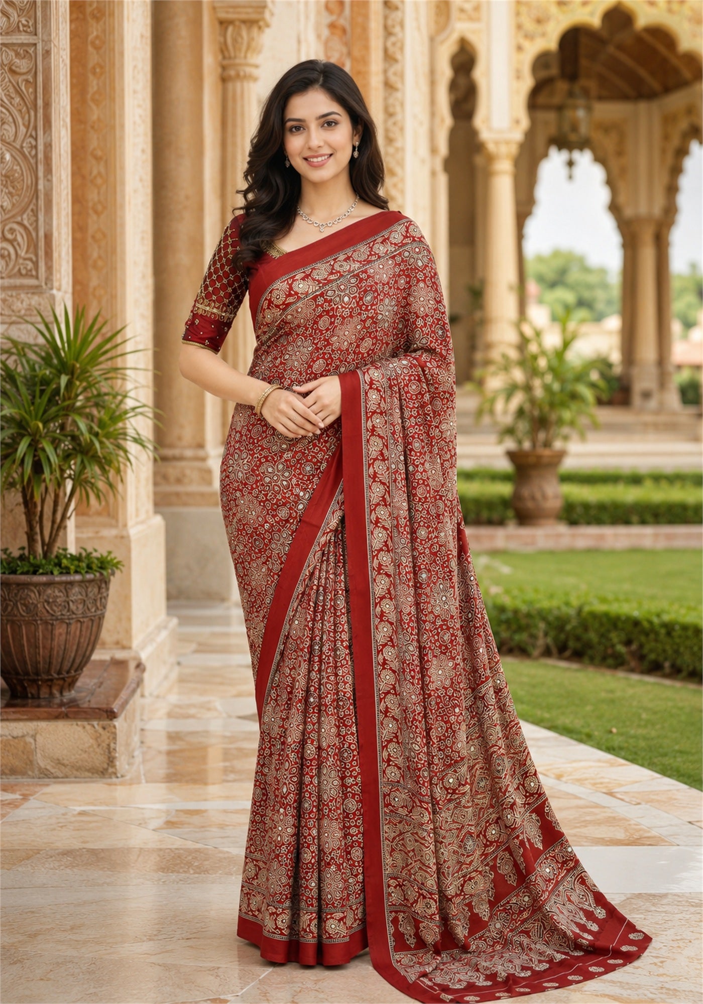 Ajrakh Saree Brick Red Floral Printed Border - AMS-1-1306 - view 1