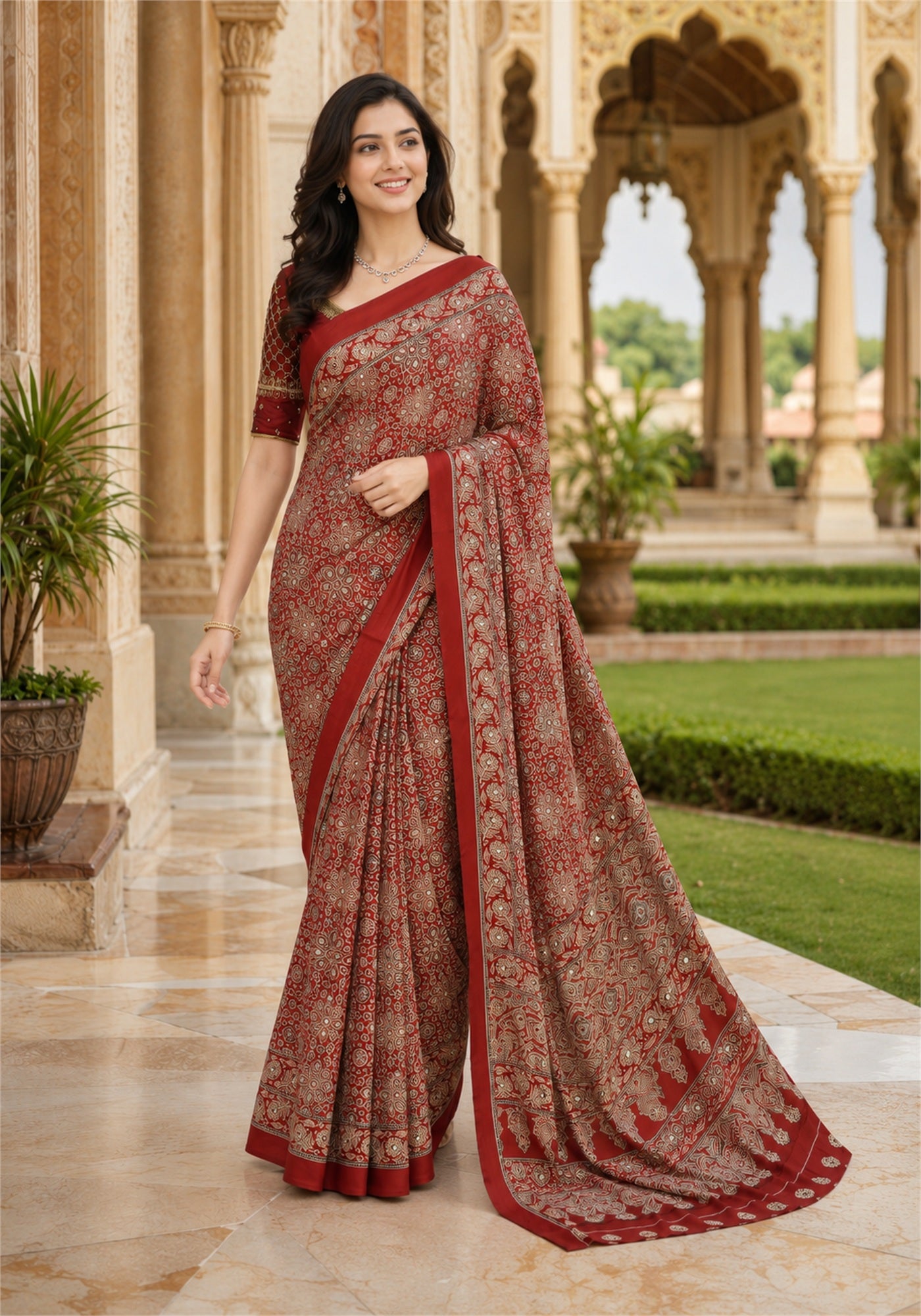 Ajrakh Saree Brick Red Floral Printed Border - AMS-1-1306 - view 3
