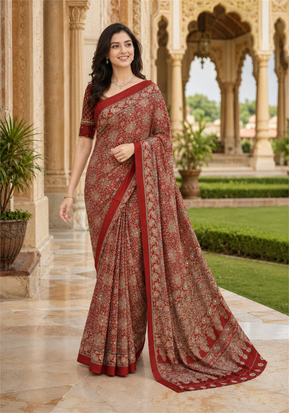 Ajrakh Saree Brick Red Floral Printed Border - AMS-1-1306 - view 3