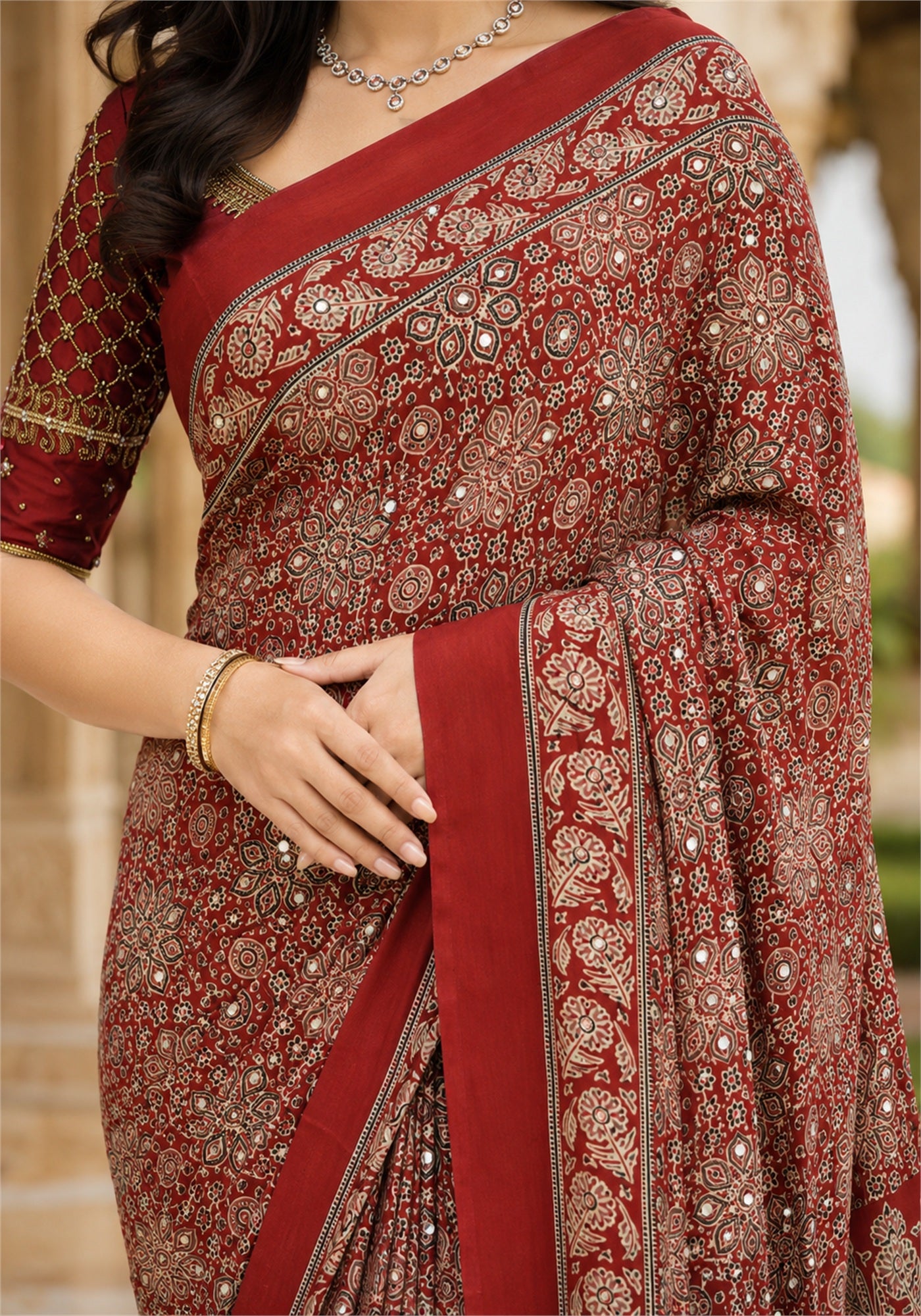 Ajrakh Saree Brick Red Floral Printed Border - AMS-1-1306 - view 4