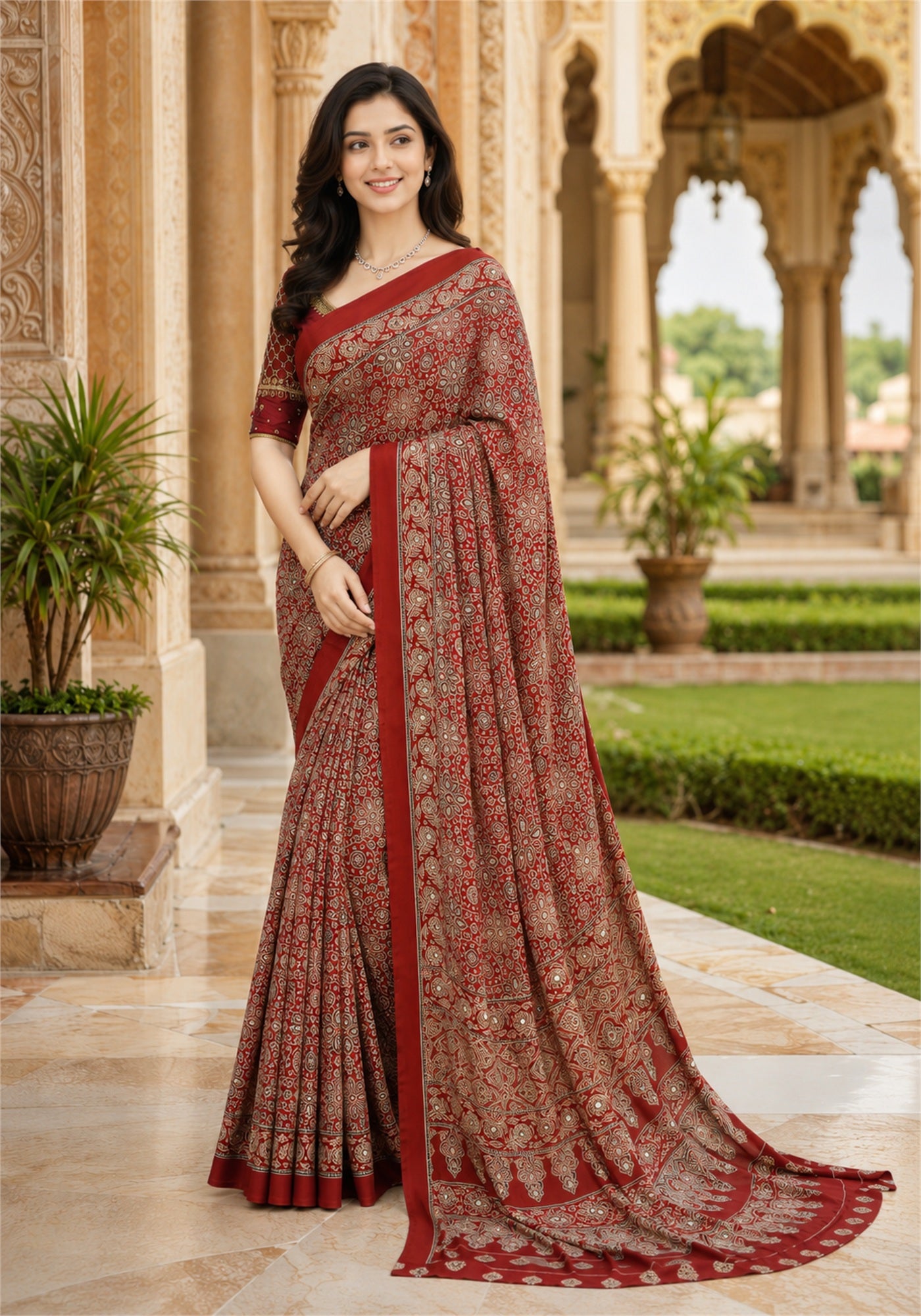 Ajrakh Saree Brick Red Floral Printed Border - AMS-1-1306 - view 5