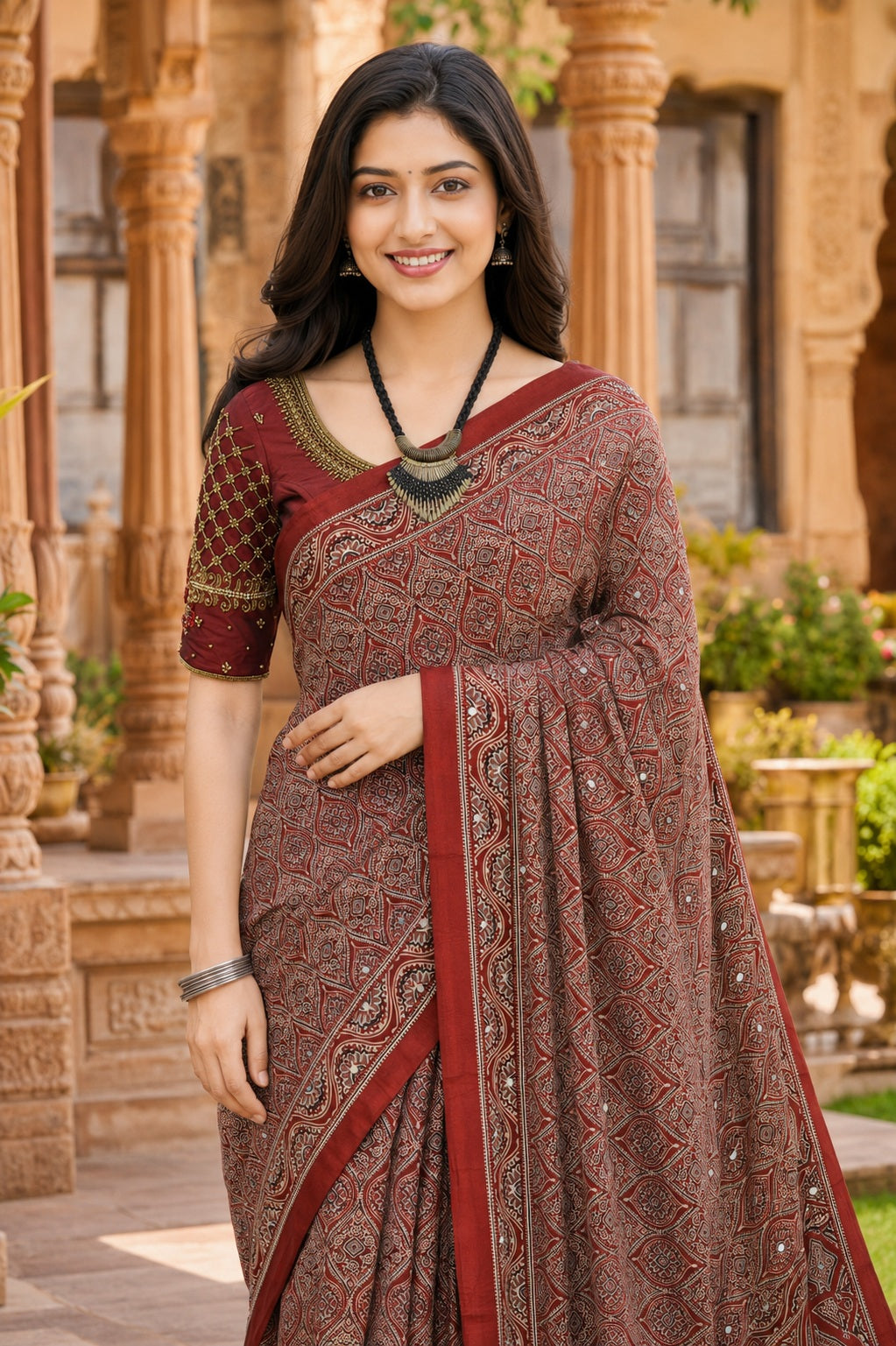 Ajrakh Mirror Work Saree Rust Brown Floral Printed Border - AMS-1-1401 - view 1