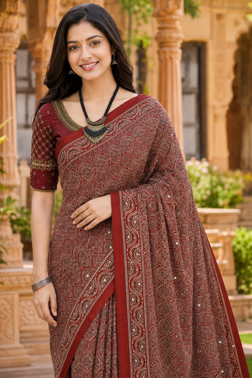 Ajrakh Mirror Work Saree Rust Brown Floral Printed Border - AMS-1-1401 - view 2