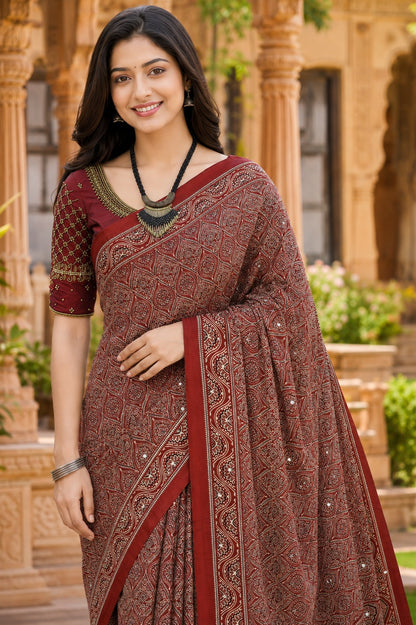 Ajrakh Mirror Work Saree Rust Brown Floral Printed Border - AMS-1-1401 - view 2