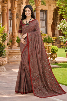 Ajrakh Mirror Work Saree Rust Brown Floral Printed Border