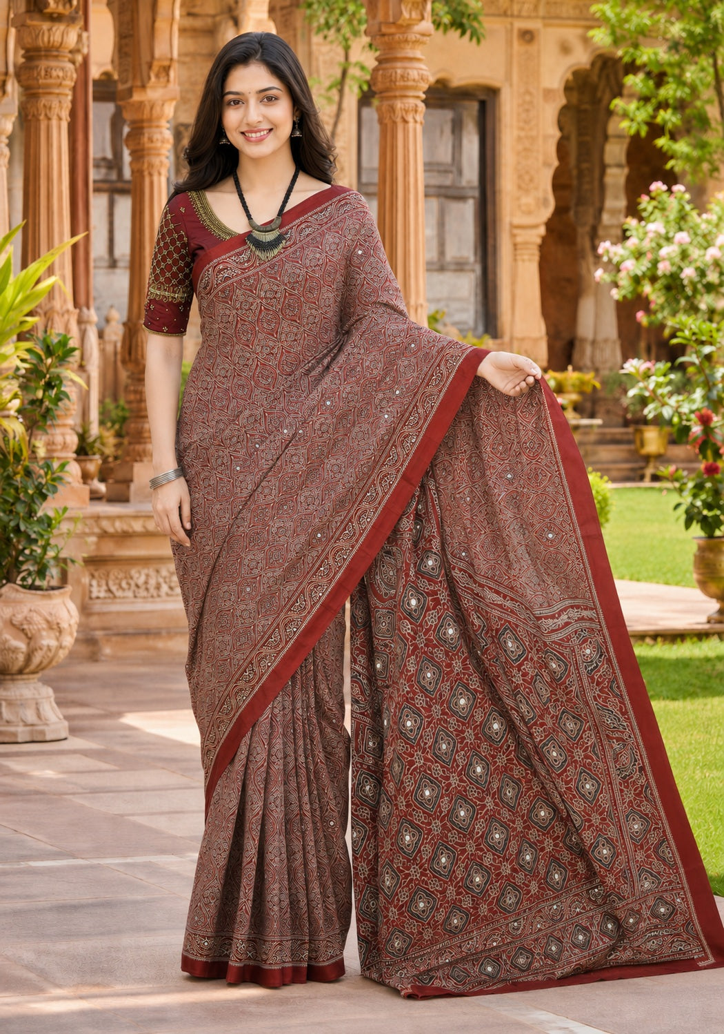 Ajrakh Mirror Work Saree Rust Brown Floral Printed Border - AMS-1-1401 - view 4