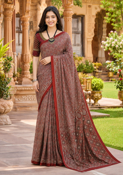 Ajrakh Mirror Work Saree Rust Brown Floral Printed Border - AMS-1-1401 - view 5