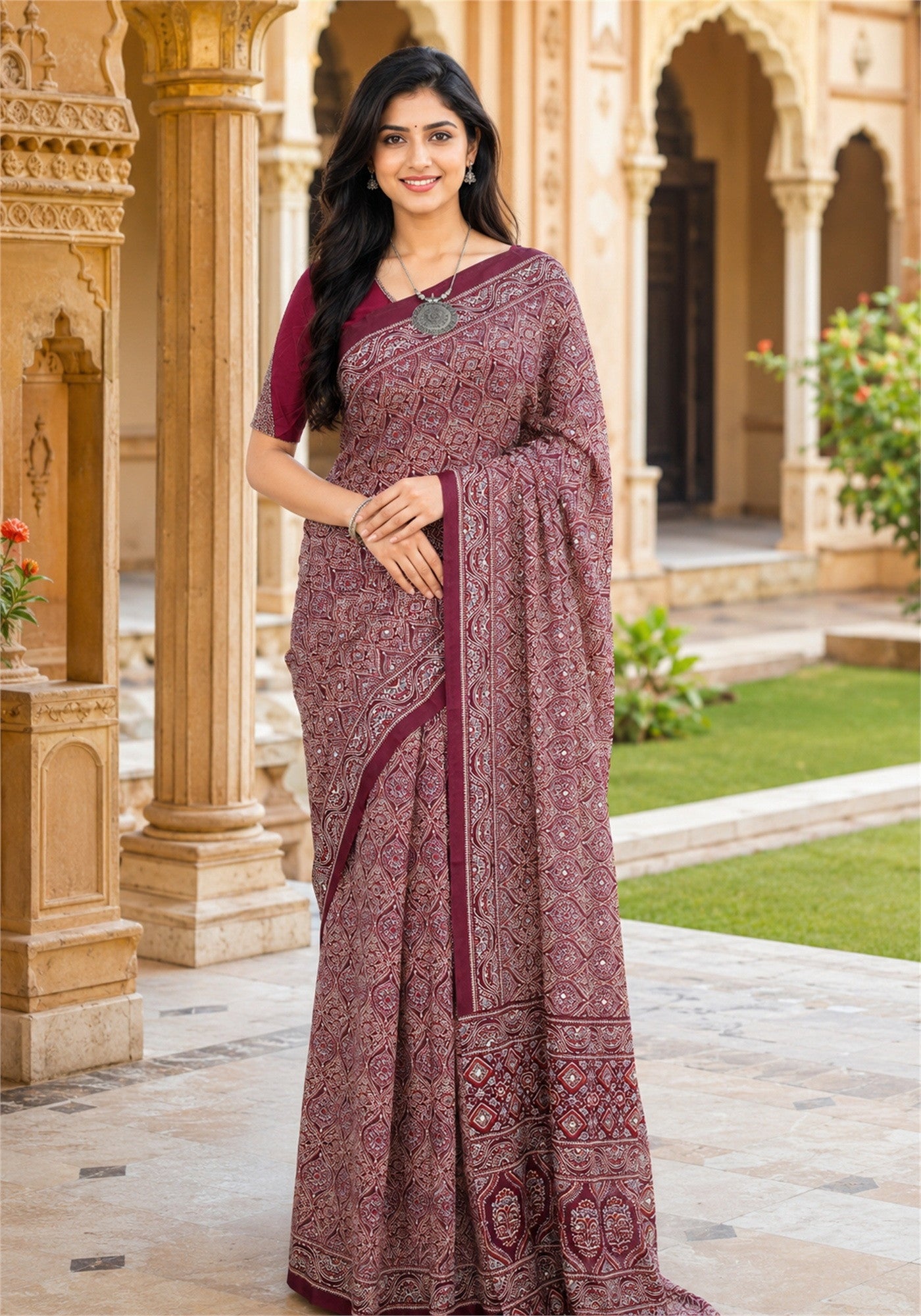 Ajrakh Mirror Work Saree Wine Purple Maroon Printed Border - AMS-1-1402 - view 1