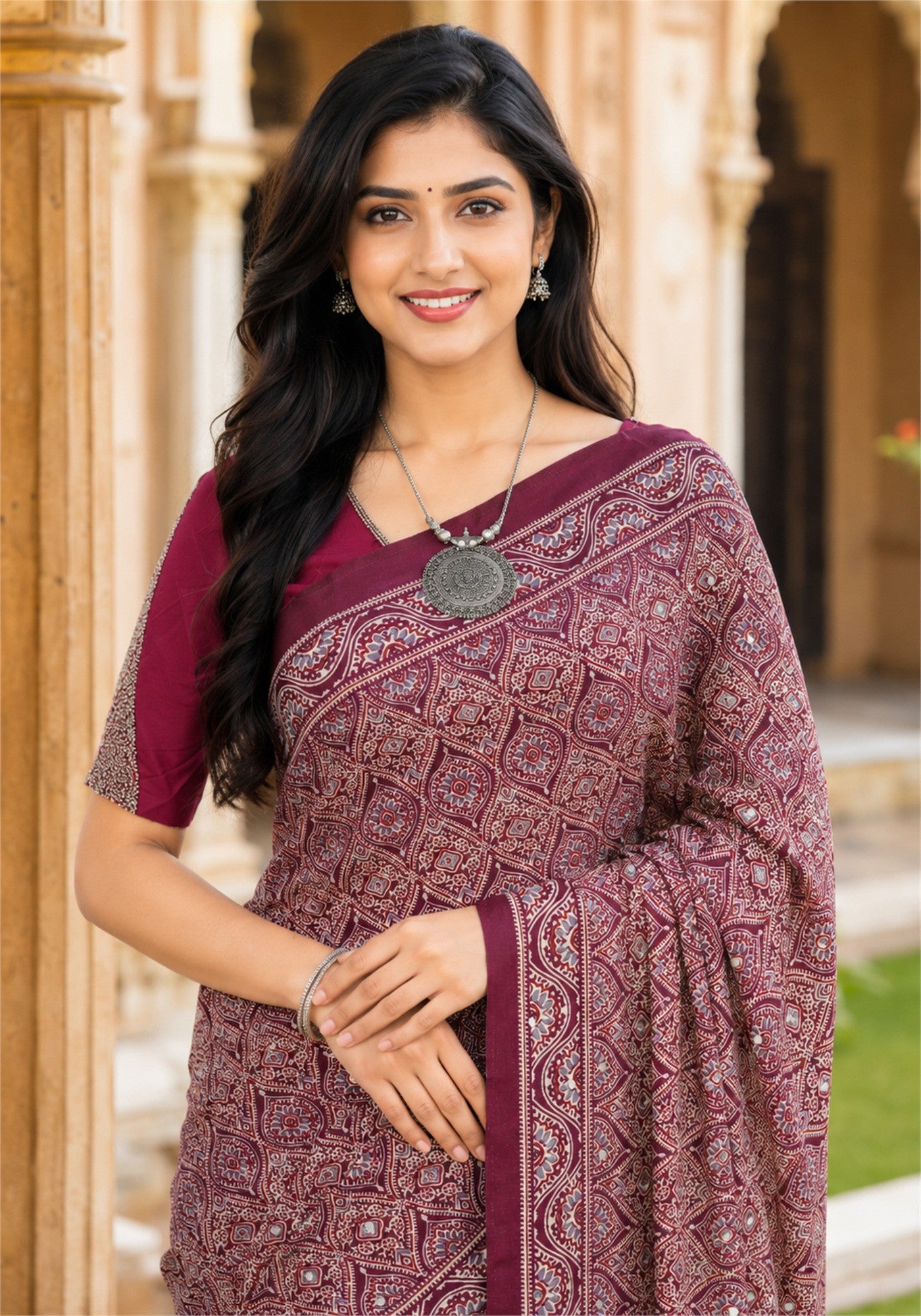 Ajrakh Mirror Work Saree Wine Purple Maroon Printed Border - AMS-1-1402 - view 2