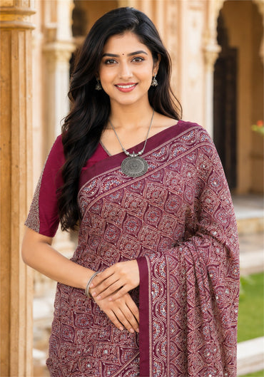 Ajrakh Mirror Work Saree Wine Purple Maroon Printed Border - AMS-1-1402 - view 2