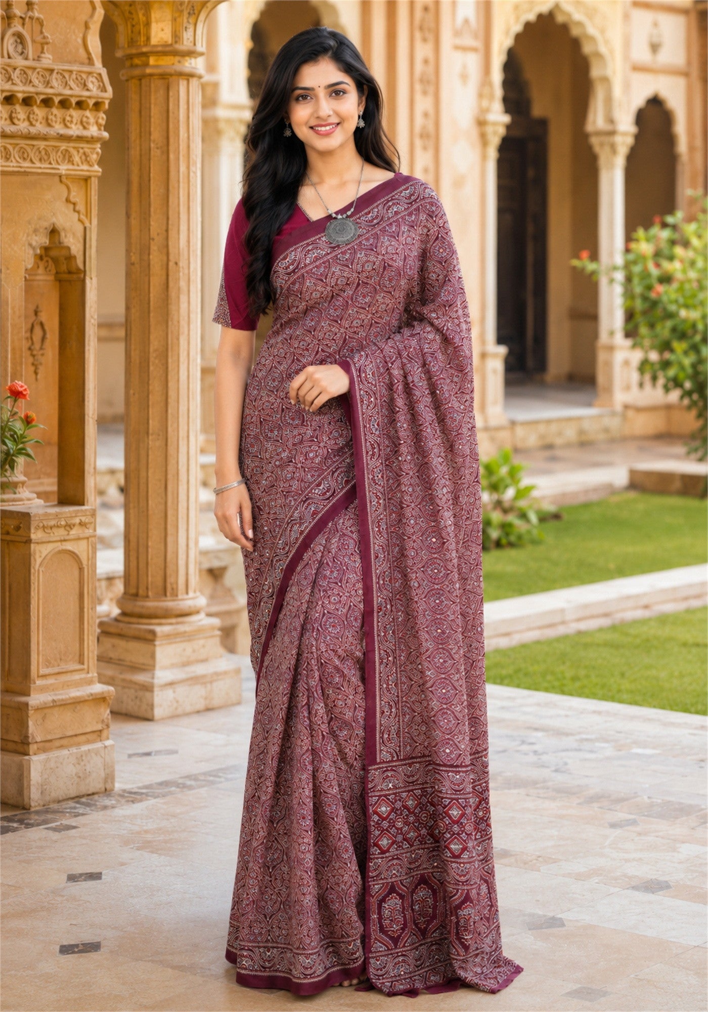 Ajrakh Mirror Work Saree Wine Purple Maroon Printed Border - AMS-1-1402 - view 3