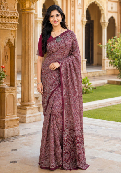 Ajrakh Mirror Work Saree Wine Purple Maroon Printed Border - AMS-1-1402 - view 3