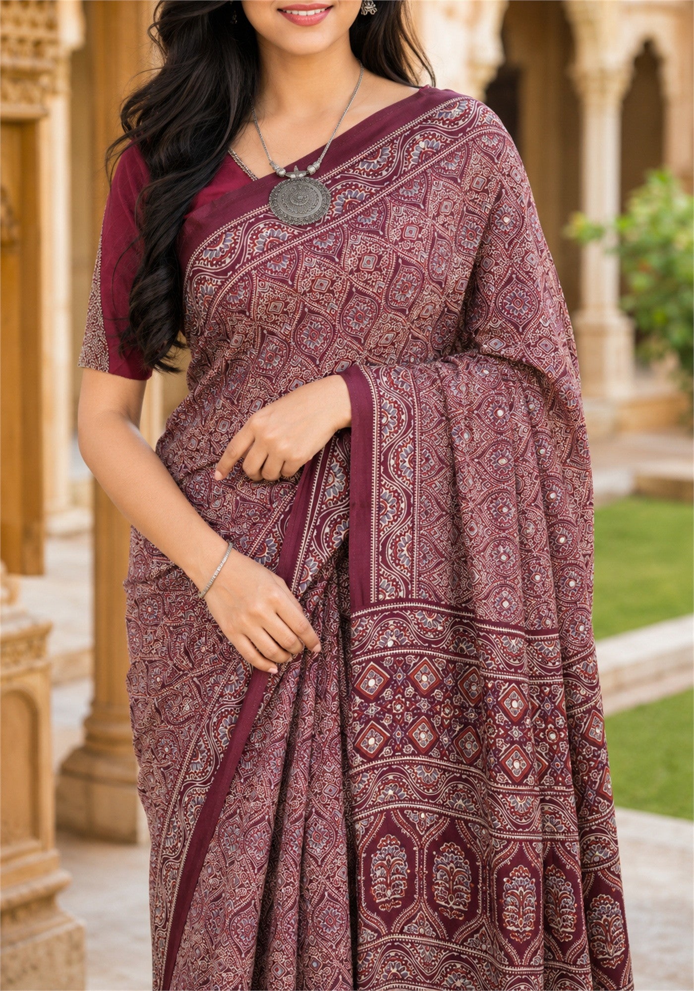 Ajrakh Mirror Work Saree Wine Purple Maroon Printed Border - AMS-1-1402 - view 4