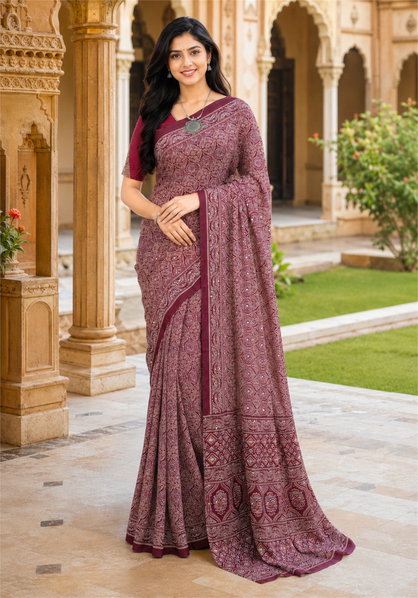 Ajrakh Mirror Work Saree Wine Purple Maroon Printed Border - AMS-1-1402 - view 5