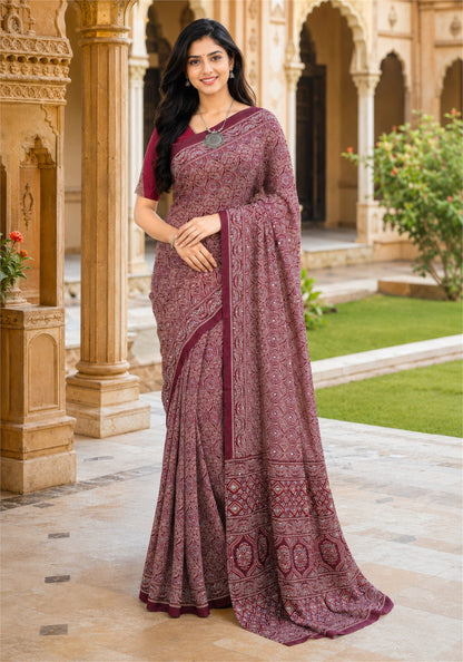 Ajrakh Mirror Work Saree Wine Purple Maroon Printed Border - AMS-1-1402 - view 5