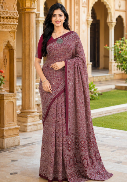 Ajrakh Mirror Work Saree Wine Purple Maroon Printed Border - AMS-1-1402 - view 6
