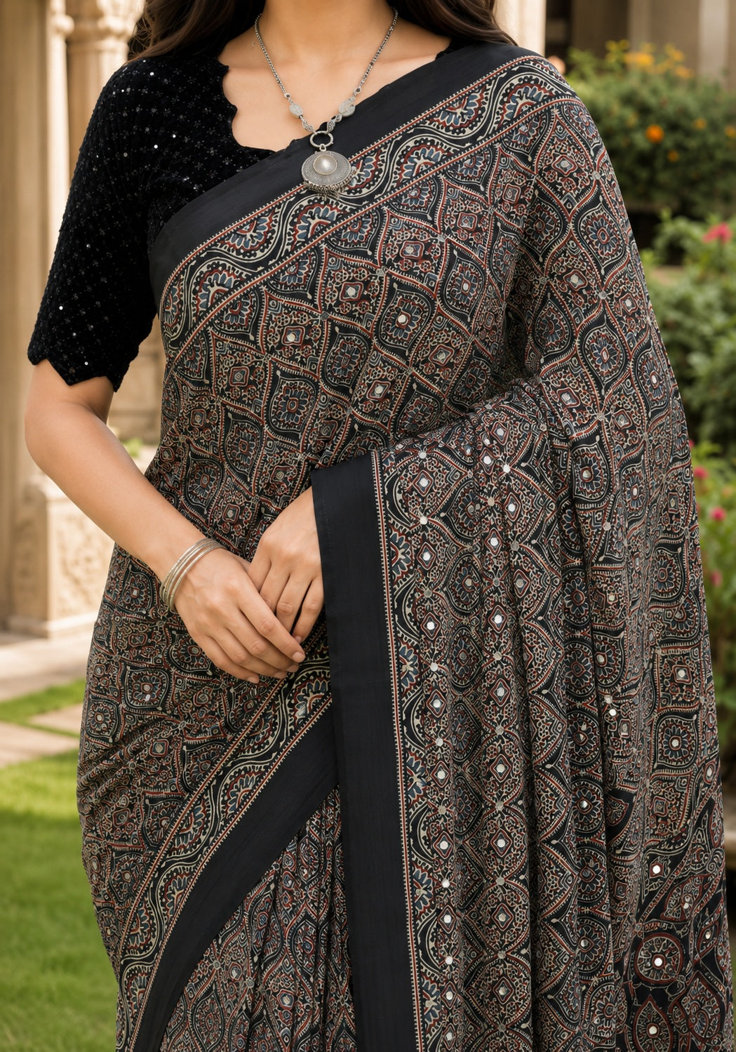 Ajrakh Mirror Work Saree Black Charcoal Floral Printed Border - AMS-1-1403 - view 1