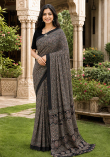 Ajrakh Mirror Work Saree Black Charcoal Floral Printed Border