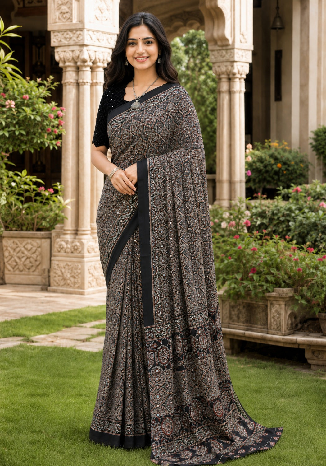 Ajrakh Mirror Work Saree Black Charcoal Floral Printed Border - AMS-1-1403 - view 2