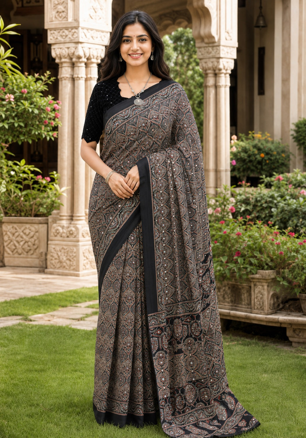Ajrakh Mirror Work Saree Black Charcoal Floral Printed Border - AMS-1-1403 - view 3