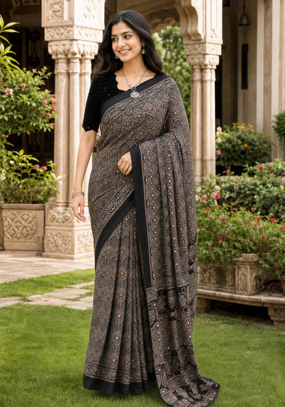 Ajrakh Mirror Work Saree Black Charcoal Floral Printed Border - AMS-1-1403 - view 4