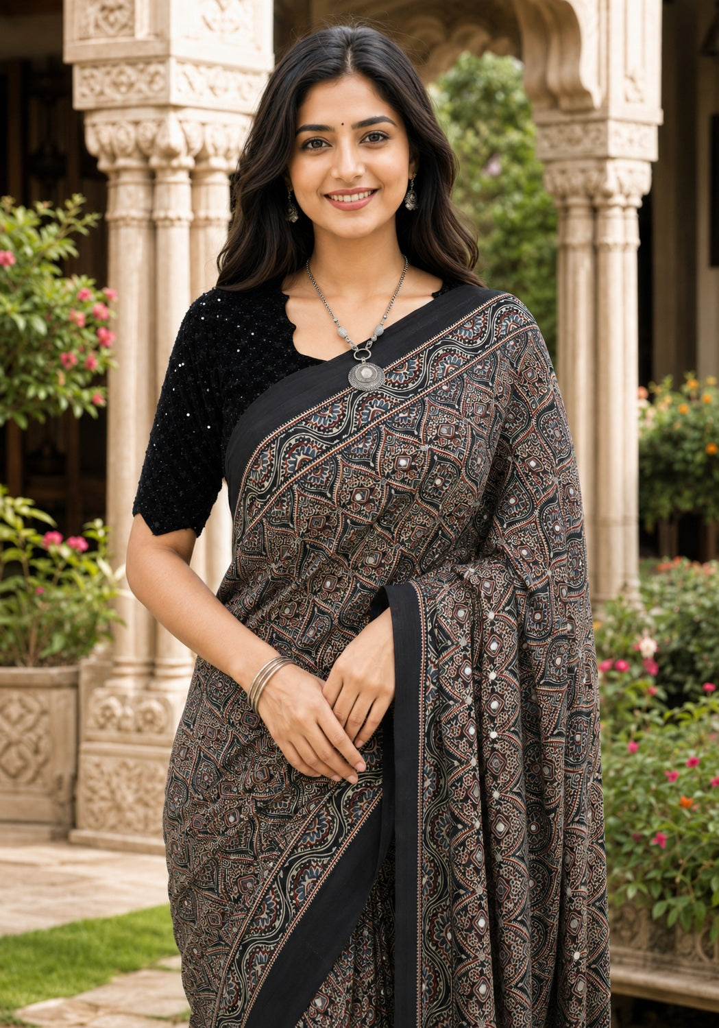 Ajrakh Mirror Work Saree Black Charcoal Floral Printed Border