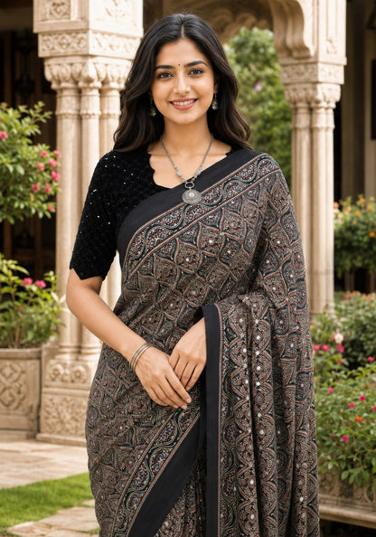 Ajrakh Mirror Work Saree Black Charcoal Floral Printed Border - AMS-1-1403 - view 5