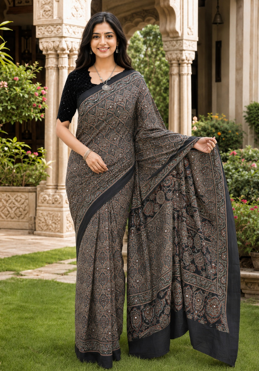 Ajrakh Mirror Work Saree Black Charcoal Floral Printed Border - AMS-1-1403 - view 6