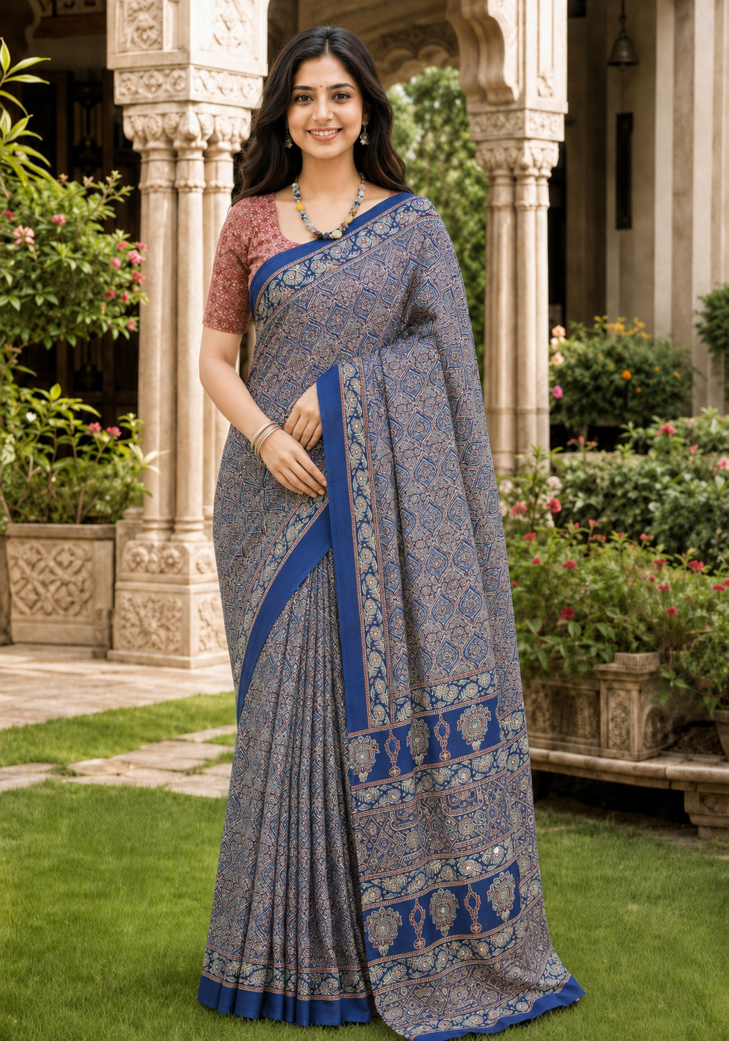 Ajrakh Mirror Work Saree Steel Grey Blue Floral Printed Border - AMS-1-1404 - view 1