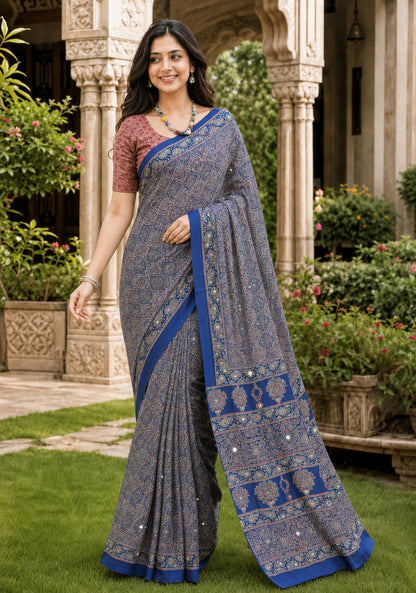 Ajrakh Mirror Work Saree Steel Grey Blue Floral Printed Border - AMS-1-1404 - view 2