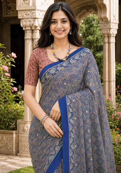 Ajrakh Mirror Work Saree Steel Grey Blue Floral Printed Border - AMS-1-1404 - view 3