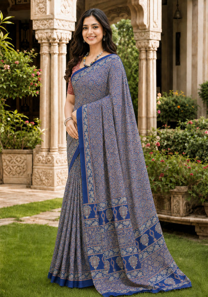 Ajrakh Mirror Work Saree Steel Grey Blue Floral Printed Border - AMS-1-1404 - view 5