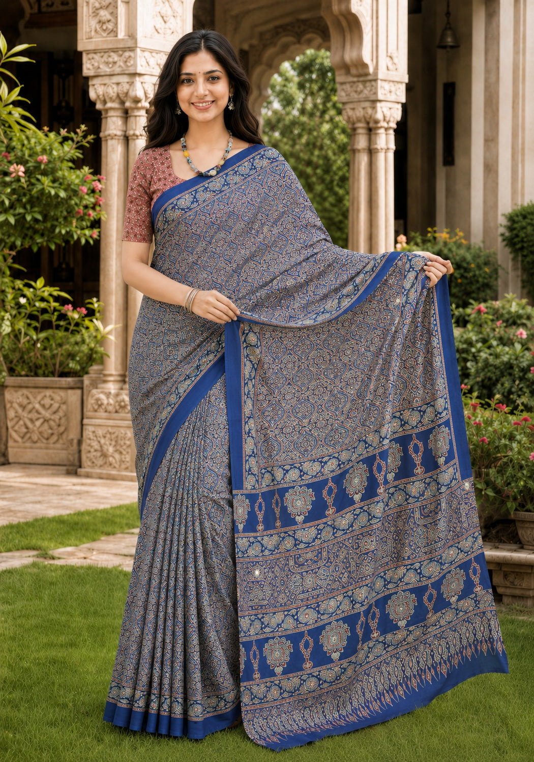 Ajrakh Mirror Work Saree Steel Grey Blue Floral Printed Border - AMS-1-1404 - view 6