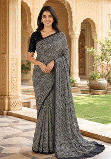 Ajrakh Mirror Work Saree Midnight Navy Blue Charcoal Printed Border