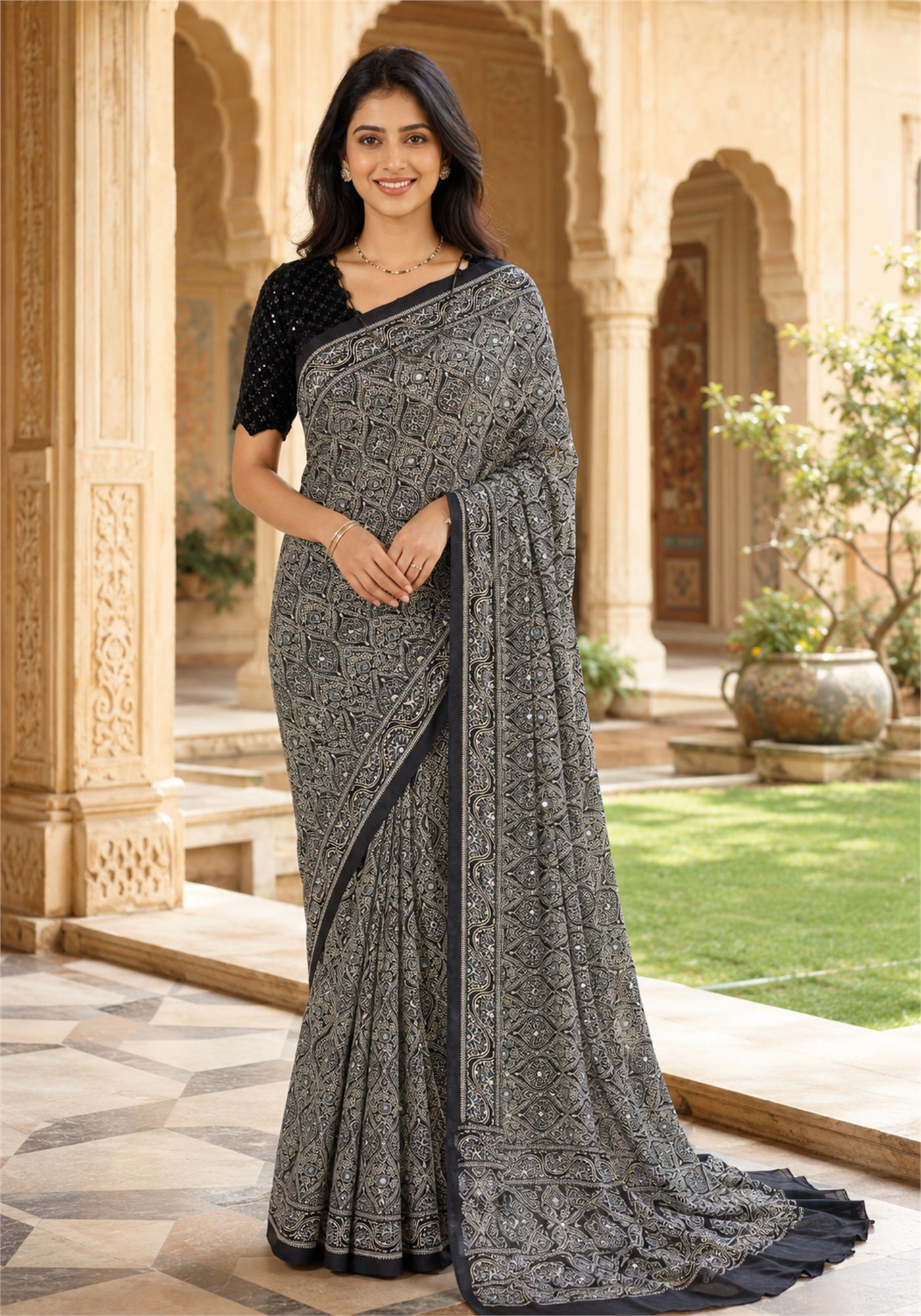 Ajrakh Saree Midnight Navy Blue Charcoal Printed Border - AMS-1-1405 - view 1