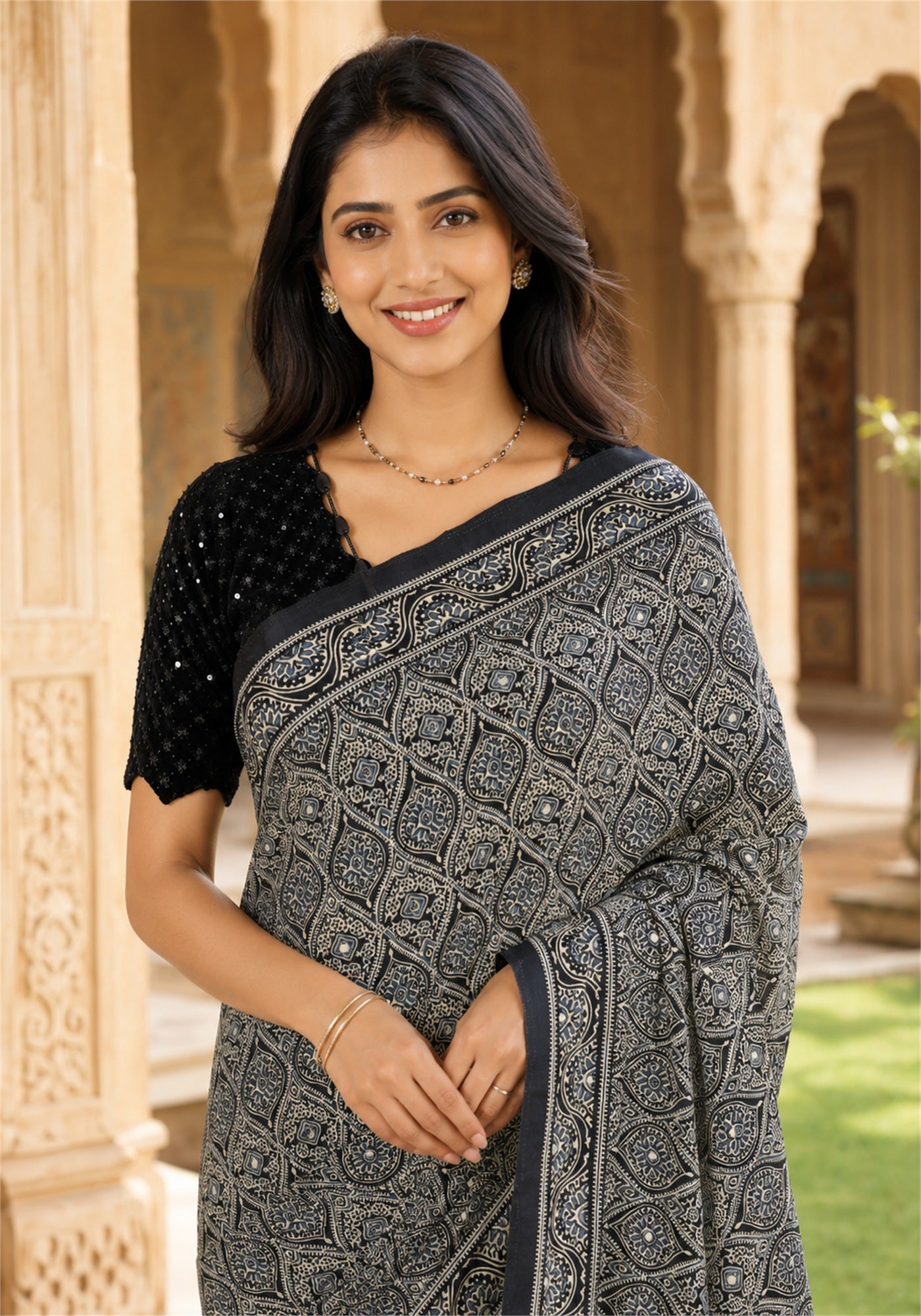 Ajrakh Saree Midnight Navy Blue Charcoal Printed Border - AMS-1-1405 - view 2