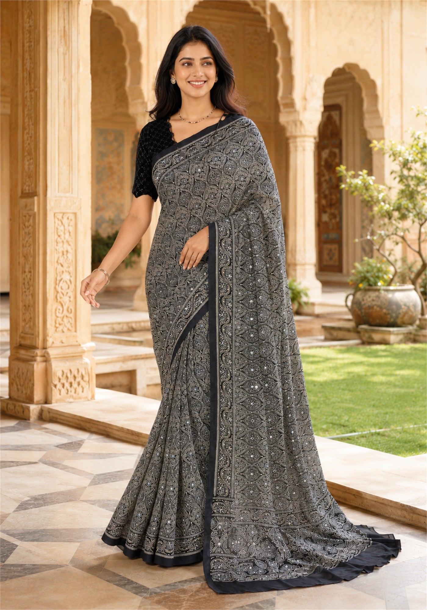 Ajrakh Saree Midnight Navy Blue Charcoal Printed Border - AMS-1-1405 - view 3