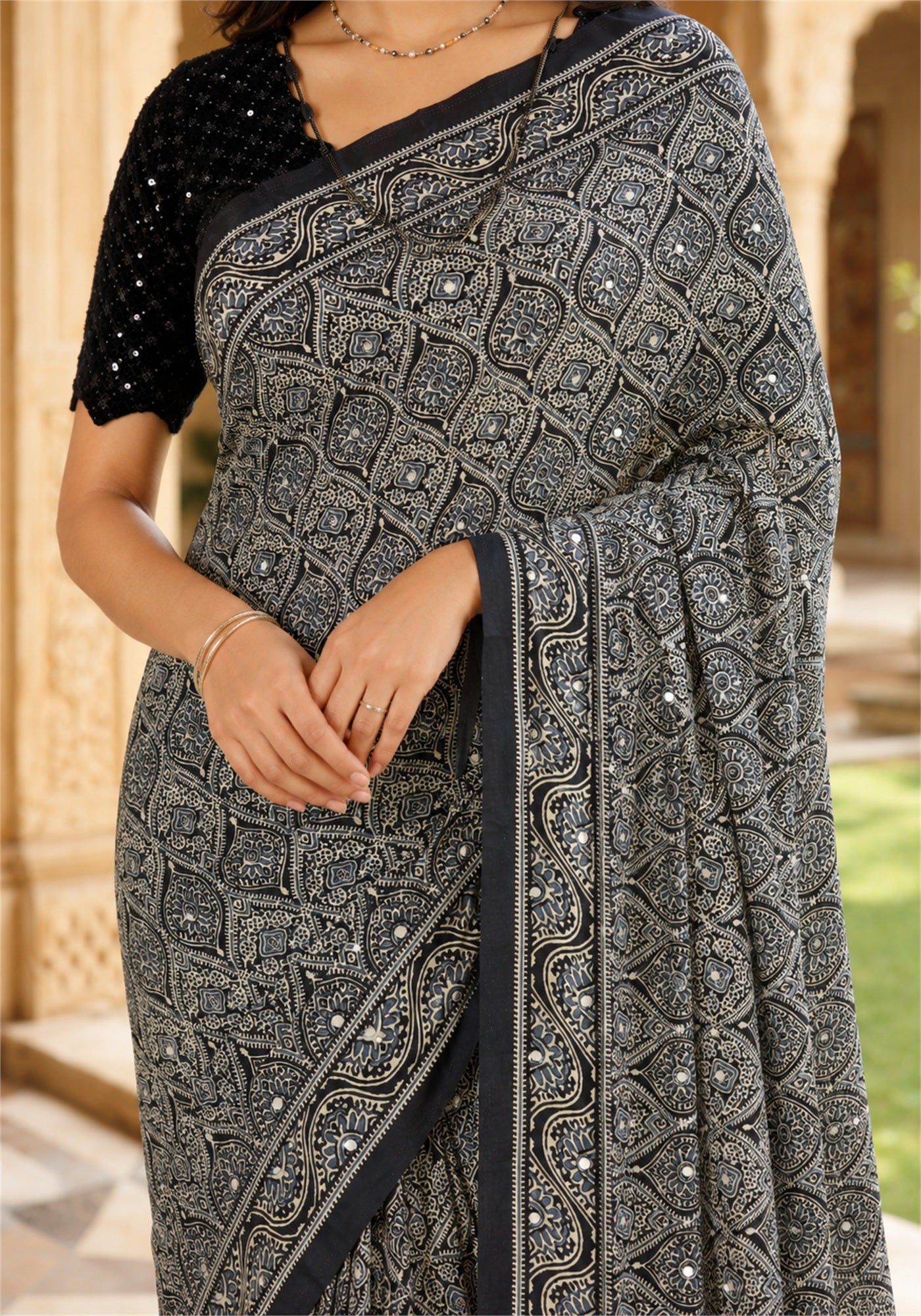 Ajrakh Saree Midnight Navy Blue Charcoal Printed Border - AMS-1-1405 - view 4