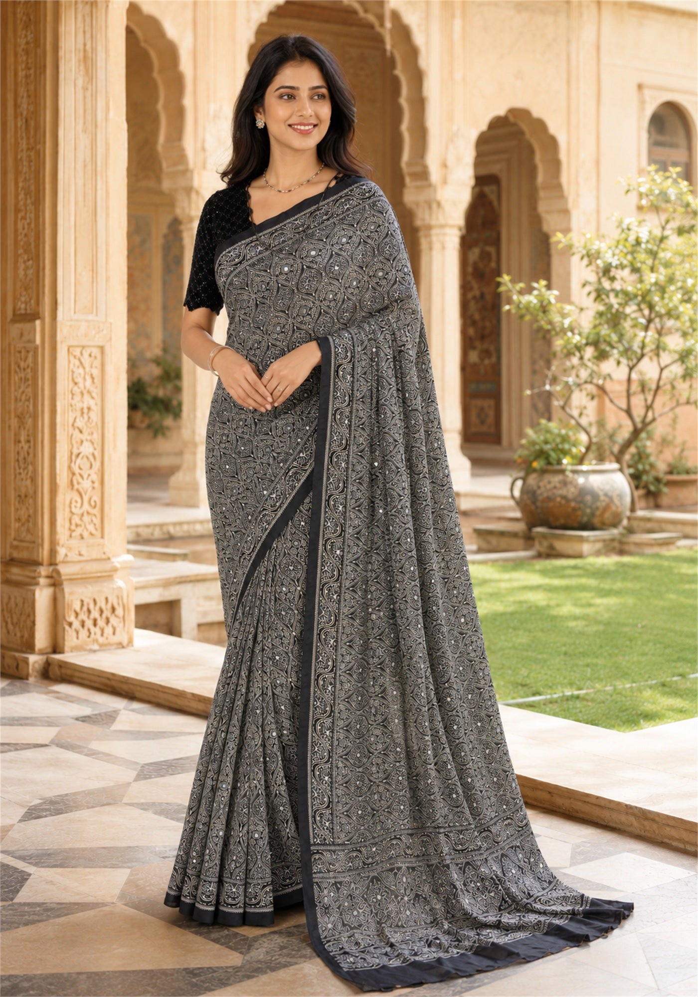 Ajrakh Saree Midnight Navy Blue Charcoal Printed Border - AMS-1-1405 - view 5