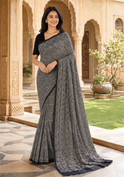 Ajrakh Saree Midnight Navy Blue Charcoal Printed Border - AMS-1-1405 - view 5