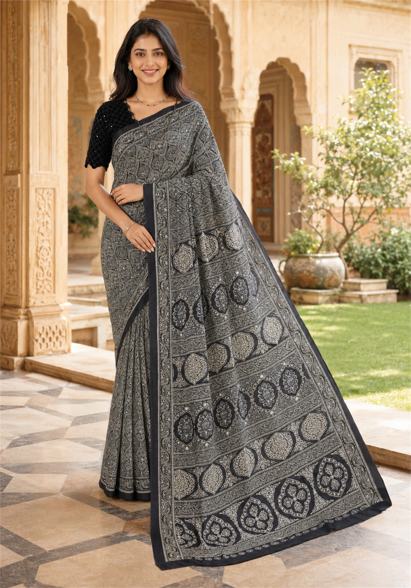 Ajrakh Saree Midnight Navy Blue Charcoal Printed Border - AMS-1-1405 - view 6