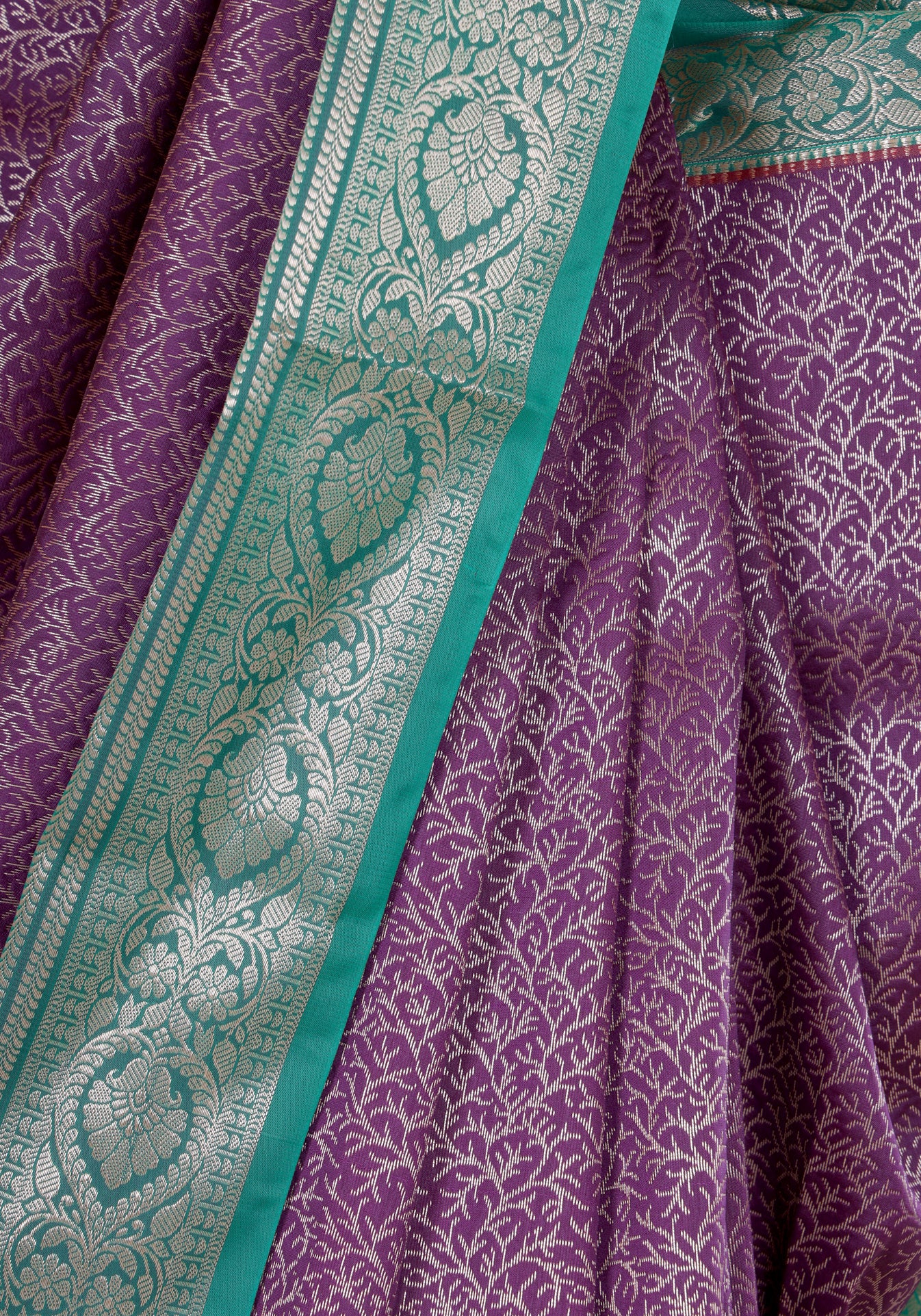 Plum Purple Teal Silver Floral Art Silk Saree - ASS-1-1001 image 1